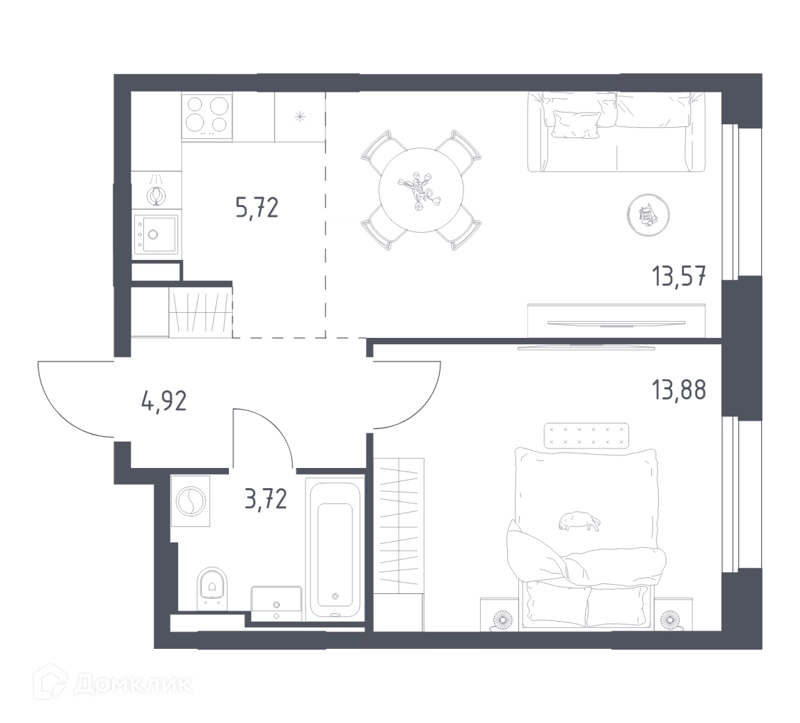 1-комнатная квартира 41.81 м² Заречье Парк
