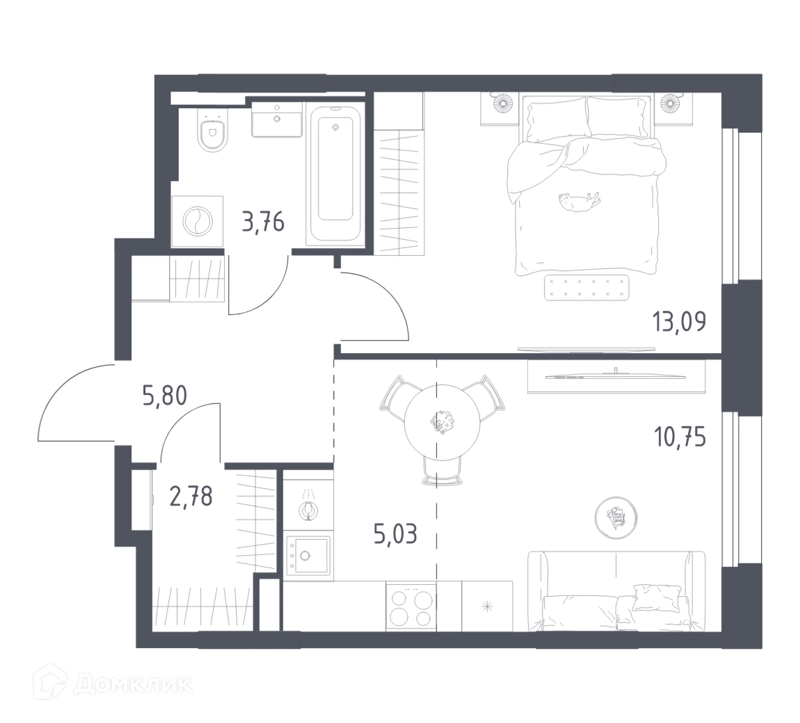 1-комнатная квартира 41.21 м² Заречье Парк
