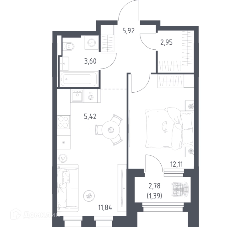 1-комнатная квартира 43.23 м² Заречье Парк