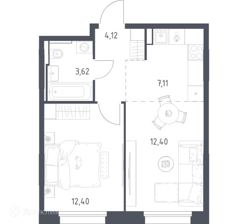 1-комнатная квартира 39.65 м² Заречье Парк