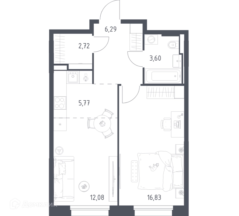 1-комнатная квартира 47.29 м² Заречье Парк