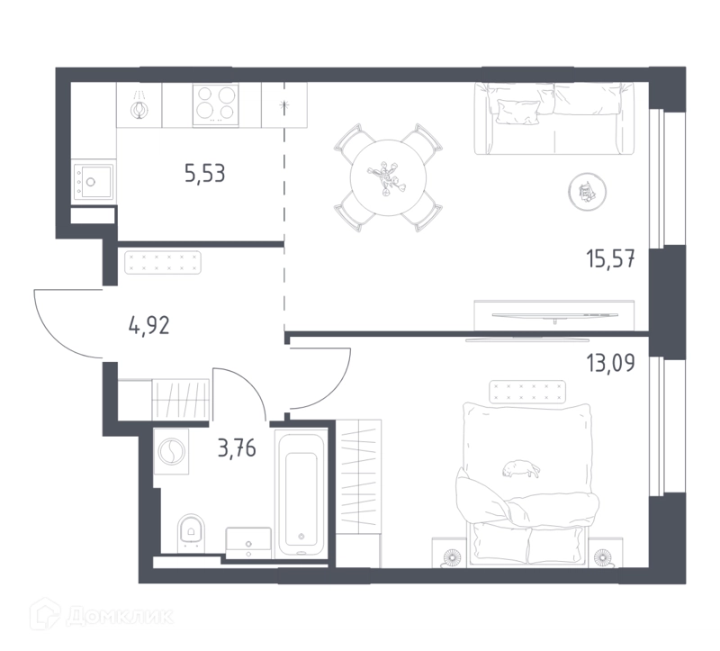 1-комнатная квартира 42.87 м² Заречье Парк