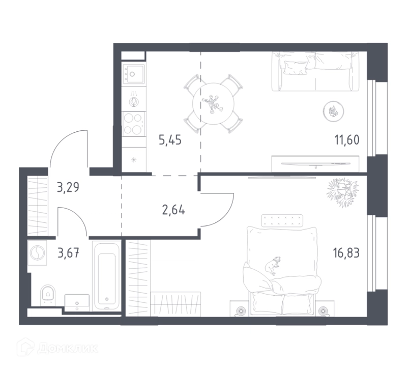 1-комнатная квартира 43.48 м² Заречье Парк