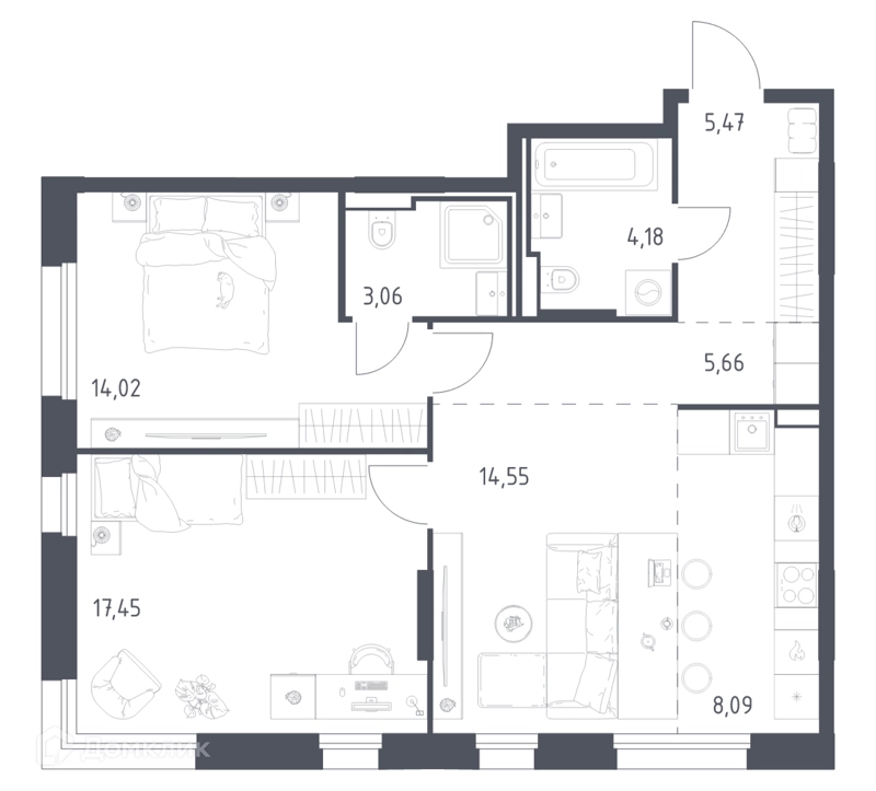 2-комнатная квартира 72.48 м² Заречье Парк