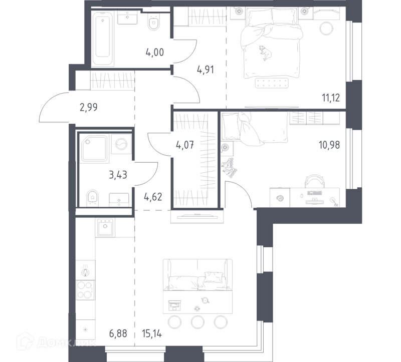 2-комнатная квартира 68.14 м² Заречье Парк