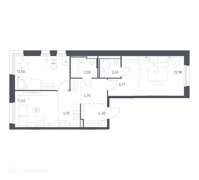 2-комнатная квартира 66.74 м² Заречье Парк
