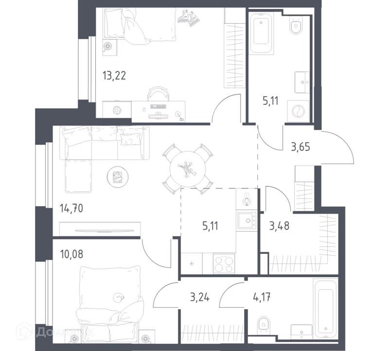 2-комнатная квартира 62.76 м² Заречье Парк