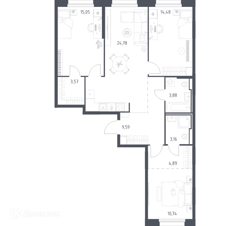3-комнатная квартира 90.14 м² Заречье Парк