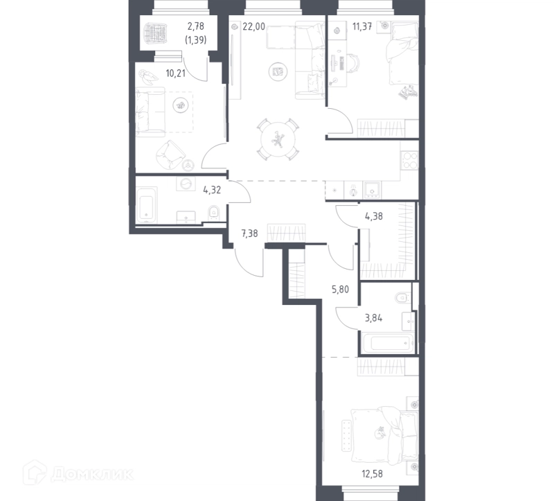3-комнатная квартира 83.27 м² Заречье Парк