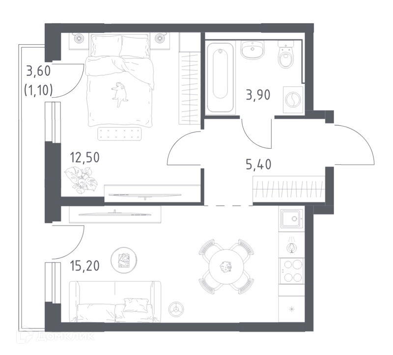 1-комнатная квартира 38.1 м² Химки Парк