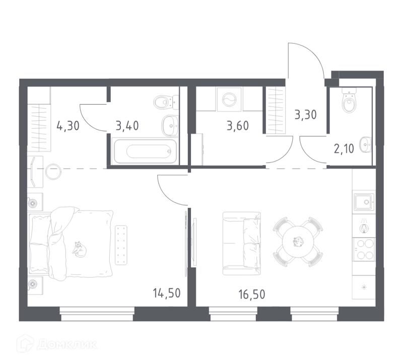 1-комнатная квартира 47.7 м² Химки Парк