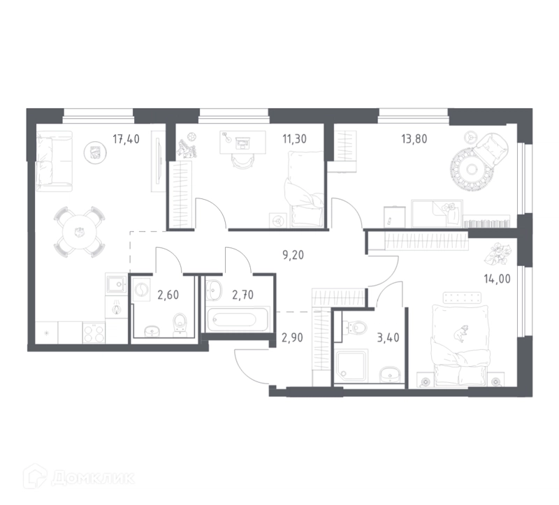 3-комнатная квартира 77.3 м² Химки Парк