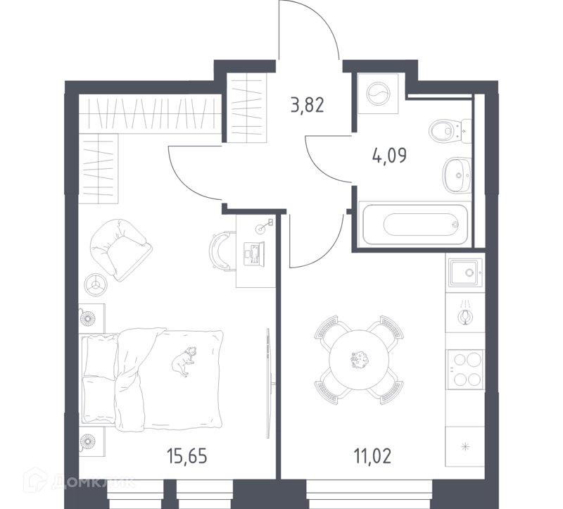 1-комнатная квартира 34.58 м² Квартал Ивакино