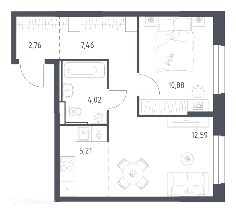1-комнатная квартира 42.92 м² Квартал Ивакино