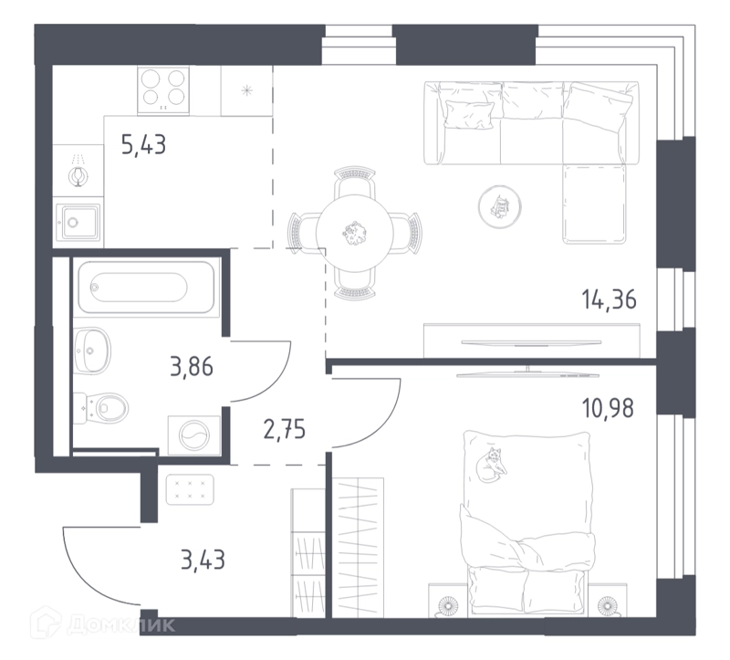 1-комнатная квартира 40.81 м² Квартал Ивакино