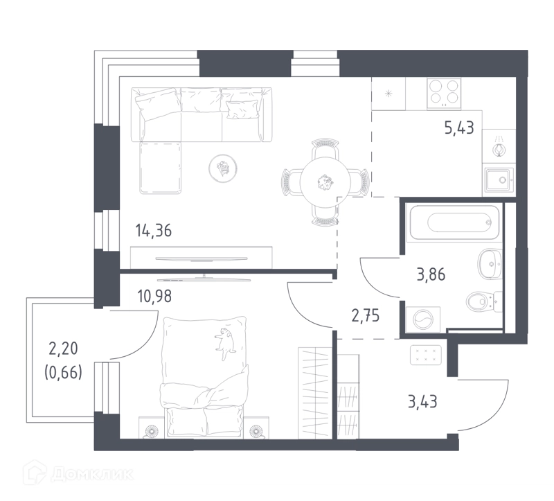 1-комнатная квартира 41.47 м² Квартал Ивакино