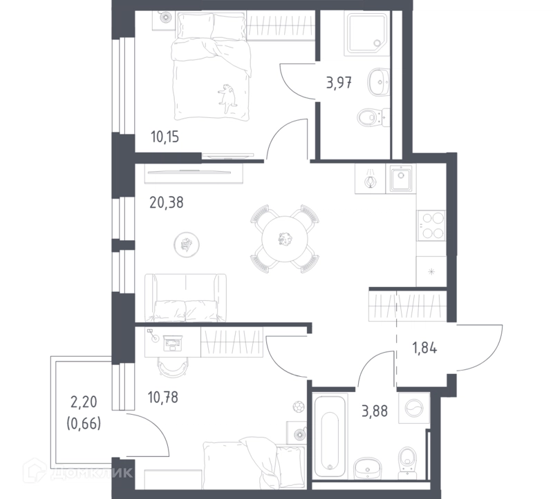 2-комнатная квартира 51.66 м² Квартал Ивакино