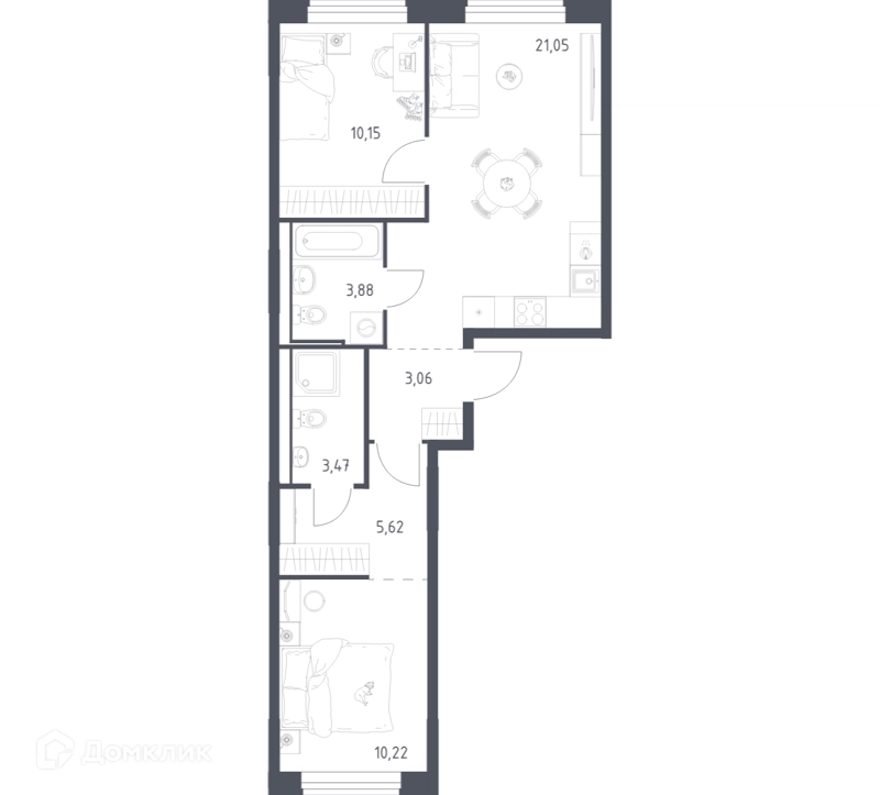 2-комнатная квартира 57.45 м² Квартал Ивакино