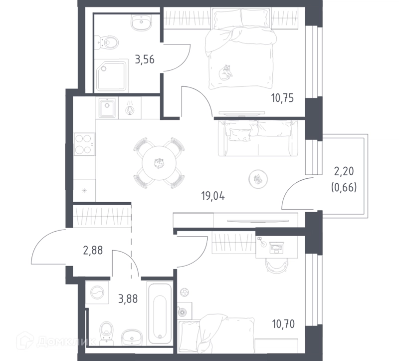 2-комнатная квартира 51.47 м² Квартал Ивакино