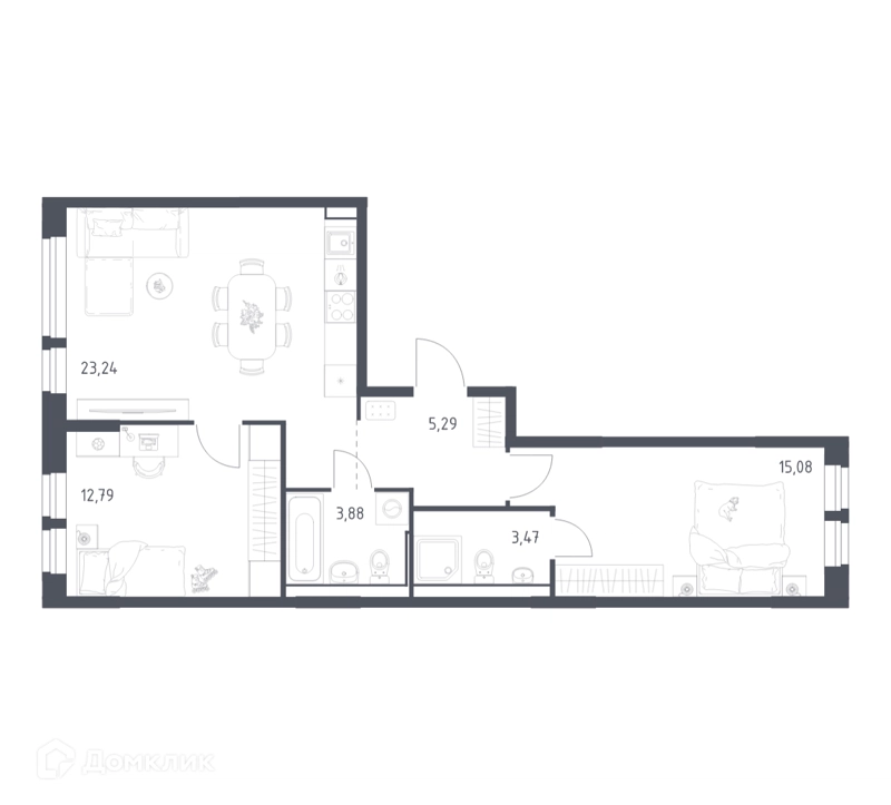 2-комнатная квартира 63.75 м² Квартал Ивакино