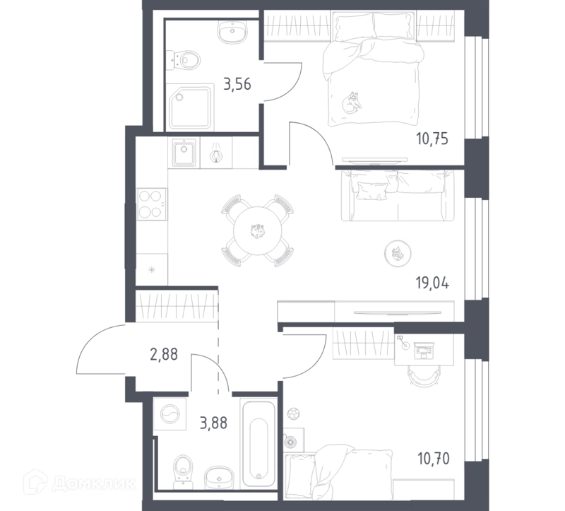 2-комнатная квартира 50.81 м² Квартал Ивакино