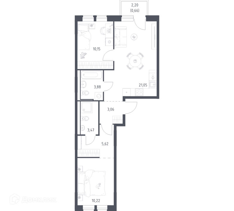 2-комнатная квартира 58.11 м² Квартал Ивакино