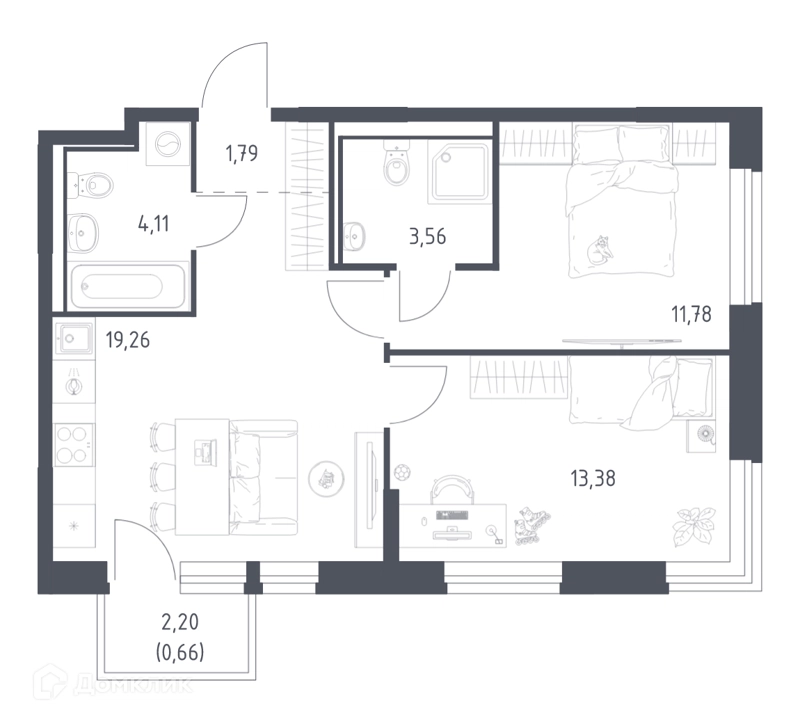 2-комнатная квартира 54.54 м² Квартал Ивакино