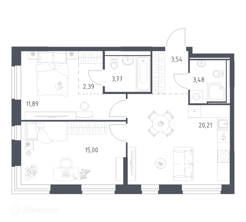 2-комнатная квартира 60.28 м² Квартал Ивакино
