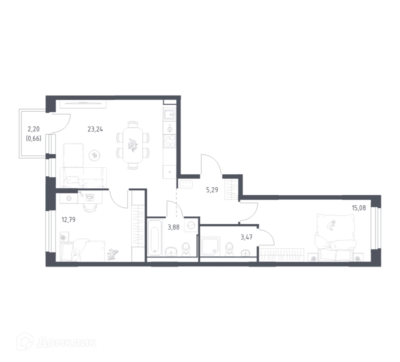 2-комнатная квартира 64.41 м² Квартал Ивакино