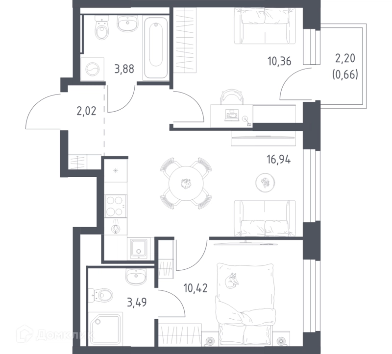 2-комнатная квартира 47.77 м² Квартал Ивакино