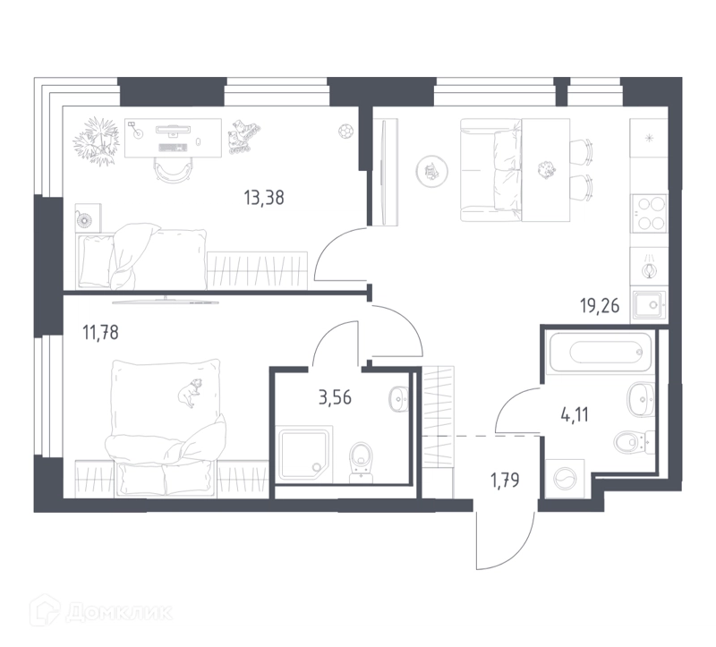 2-комнатная квартира 53.88 м² Квартал Ивакино