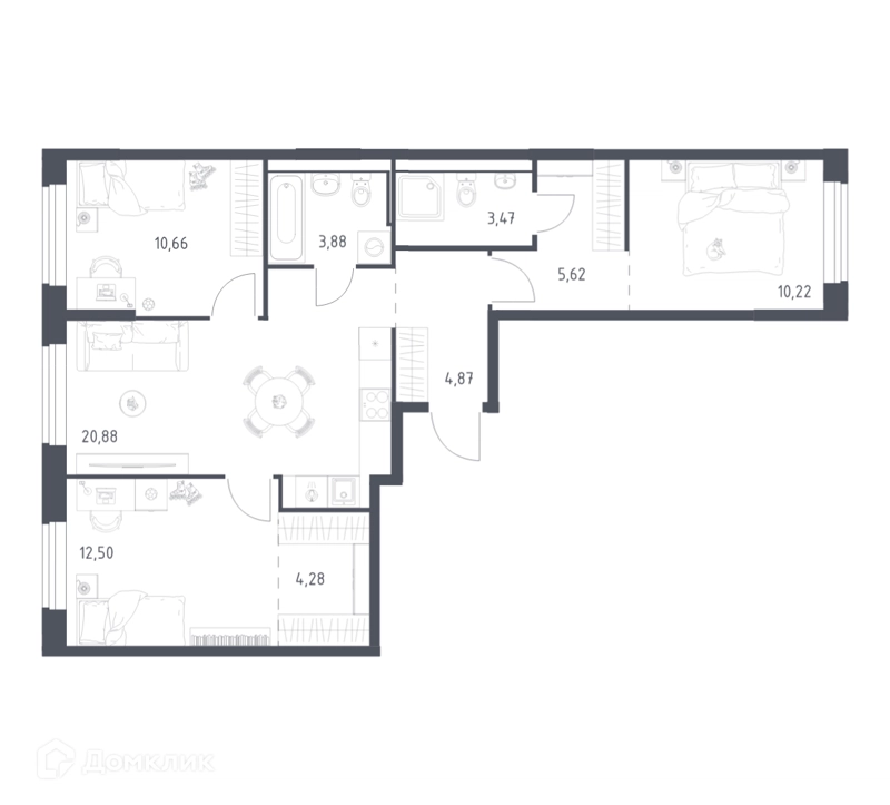 3-комнатная квартира 76.38 м² Квартал Ивакино