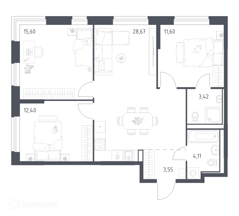 3-комнатная квартира 79.35 м² Квартал Ивакино