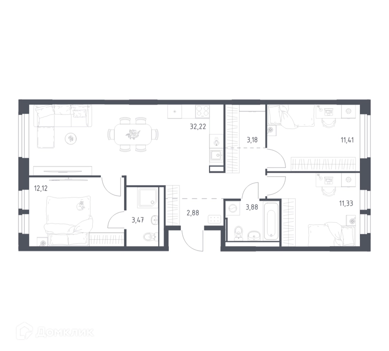 3-комнатная квартира 80.49 м² Квартал Ивакино
