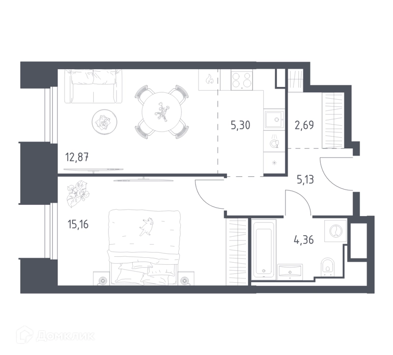 1-комнатные апартаменты 45.51 м² Скай Спутник