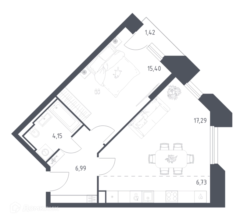 1-комнатные апартаменты 51.98 м² Скай Спутник