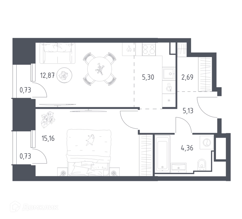 1-комнатные апартаменты 46.97 м² Скай Спутник