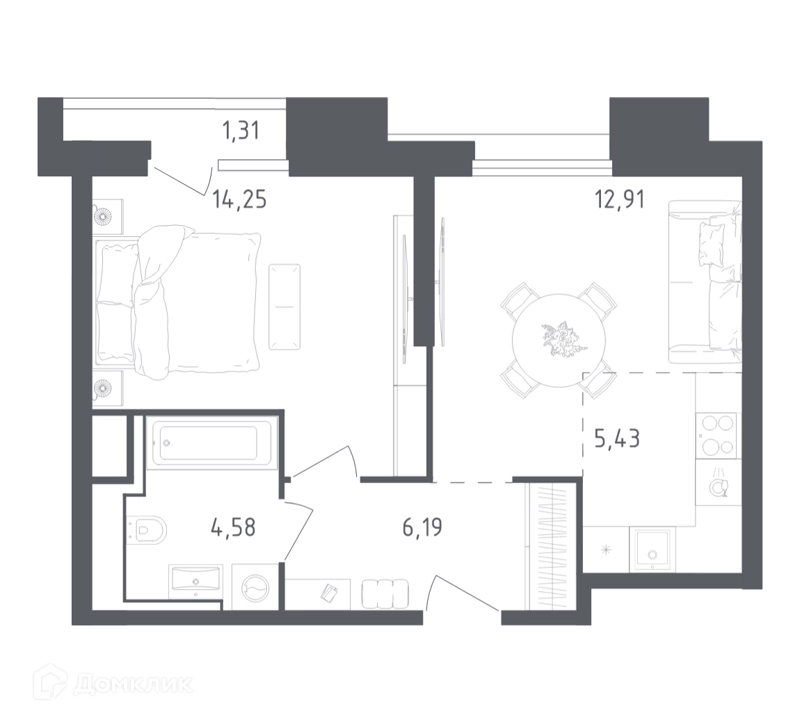 1-комнатные апартаменты 44.67 м² Скай Спутник