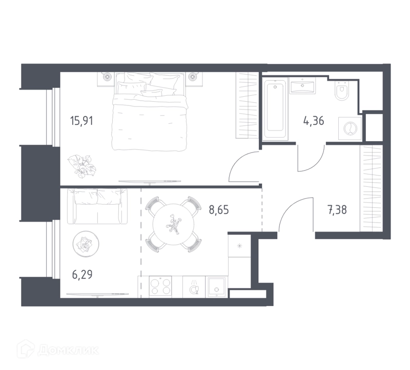 1-комнатные апартаменты 42.59 м² Скай Спутник