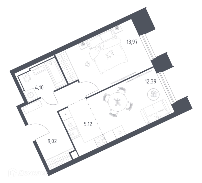 1-комнатные апартаменты 44.6 м² Скай Спутник