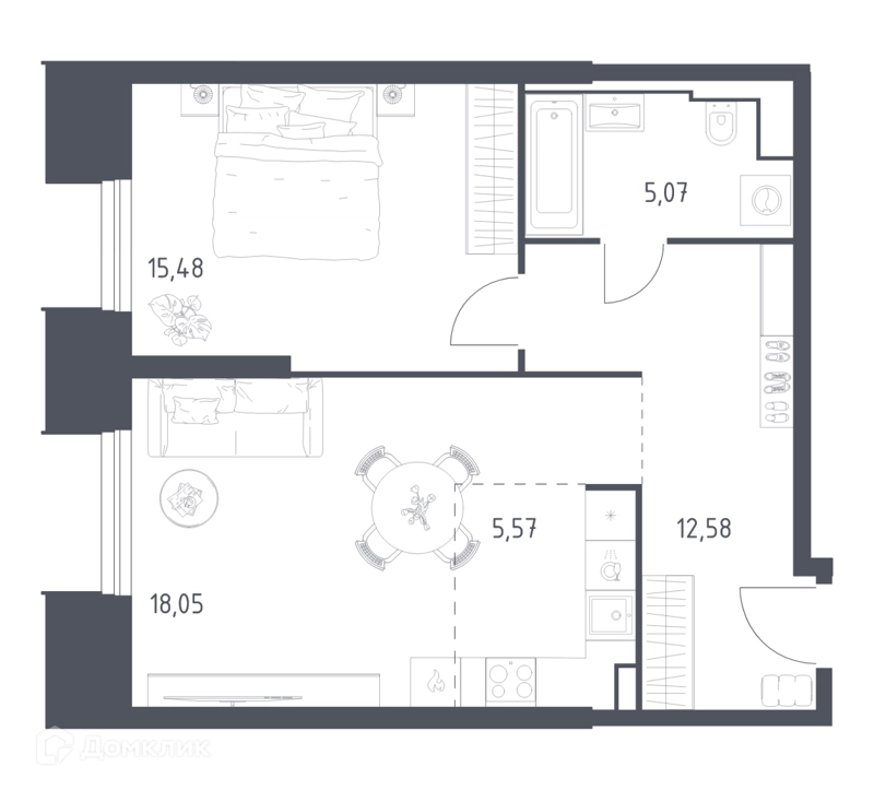 1-комнатные апартаменты 56.75 м² Скай Спутник
