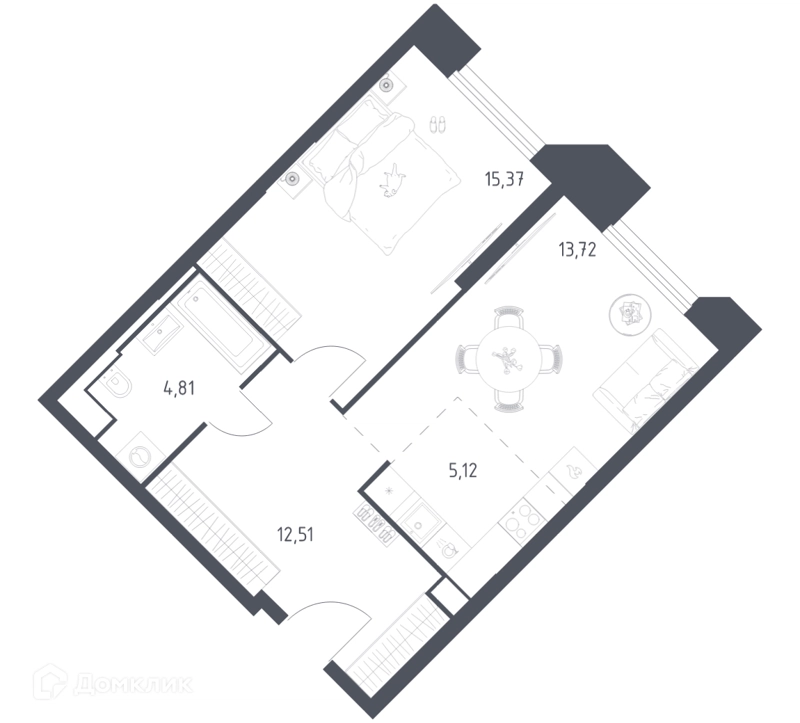 1-комнатные апартаменты 51.53 м² Скай Спутник