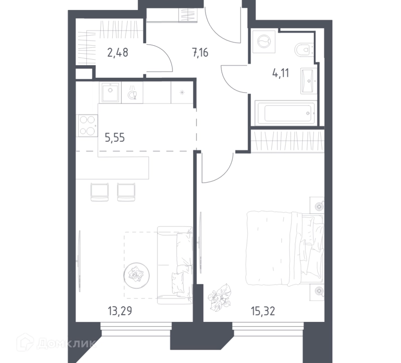 1-комнатные апартаменты 47.91 м² Скай Спутник