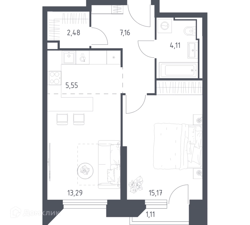 1-комнатные апартаменты 48.87 м² Скай Спутник