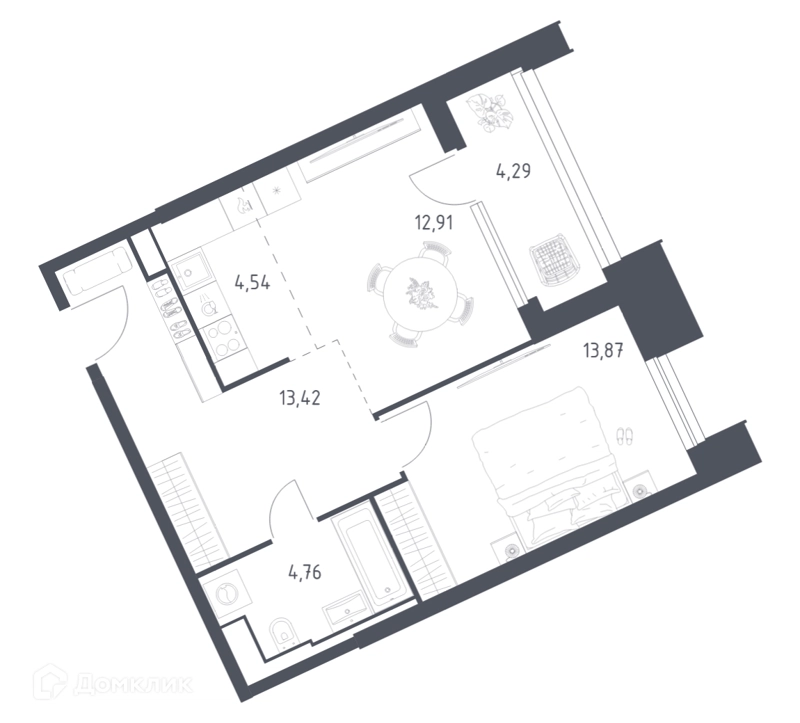 1-комнатные апартаменты 53.79 м² Скай Спутник