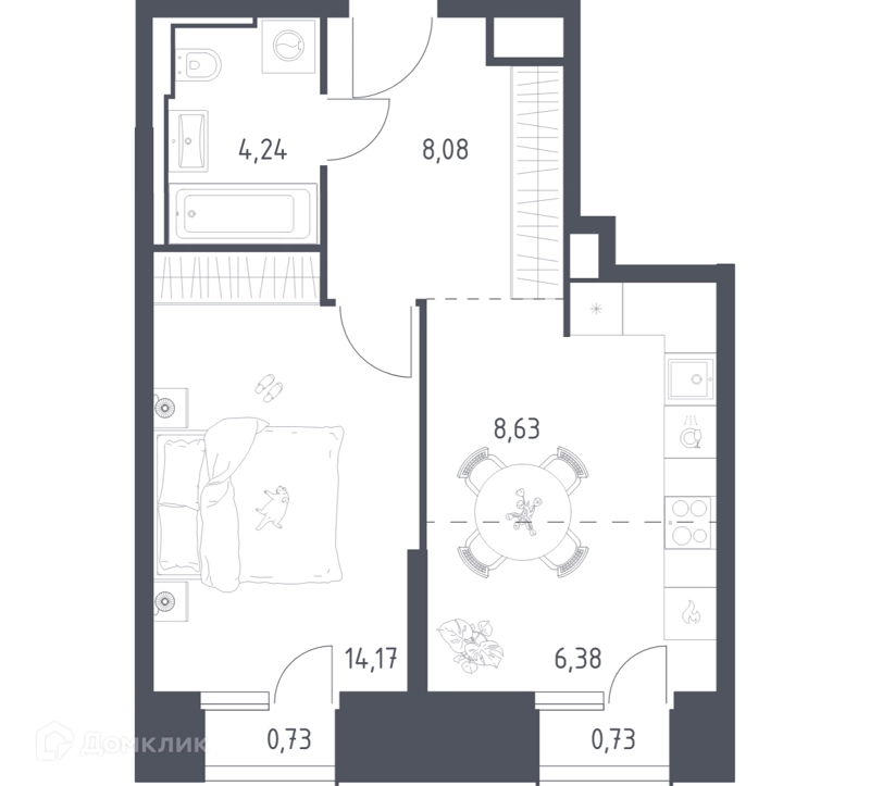 1-комнатные апартаменты 42.96 м² Скай Спутник