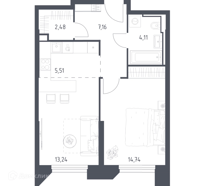1-комнатные апартаменты 47.24 м² Скай Спутник