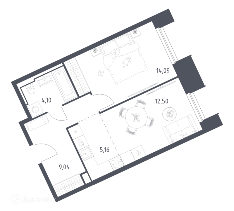 1-комнатные апартаменты 44.89 м² Скай Спутник