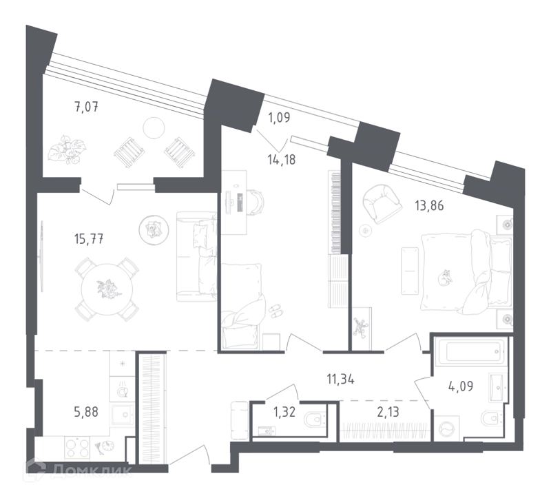 2-комнатные апартаменты 76.73 м² Скай Спутник