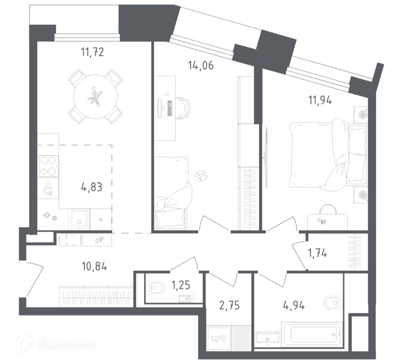 2-комнатные апартаменты 64.07 м² Скай Спутник